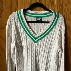 Lands' End Women's White Cable Knit V-Neck Sweater with Green Stripe